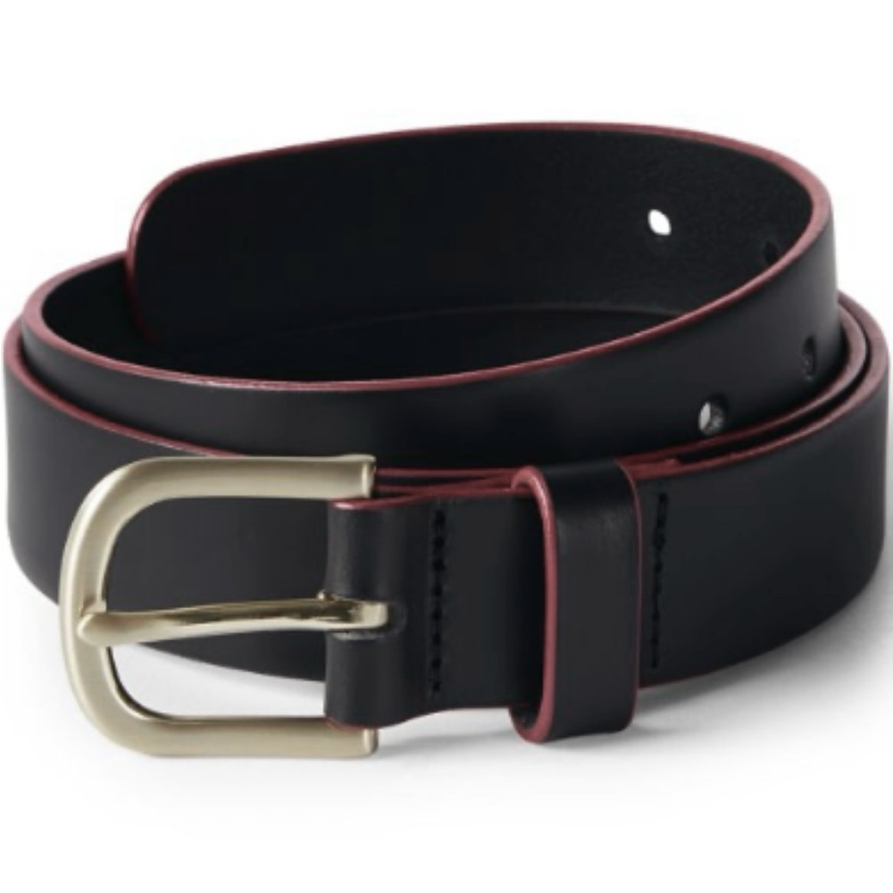 Women’s Lands’ End Black Leather Belt with Dark Red trim for Delta Airlines